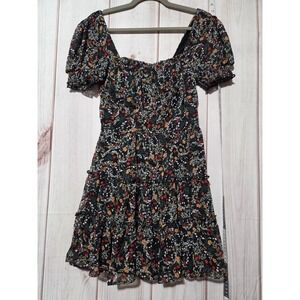 Trixxi Y2K  Floral Smocked Square Neck Puff Sleeve Tiered Mini Dress M